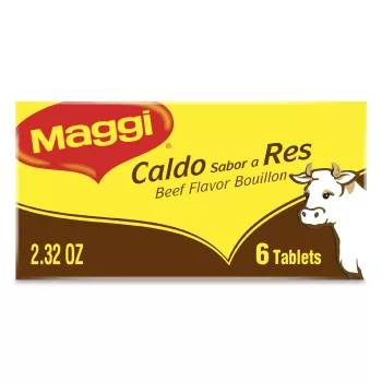 Front view of packaging for MAGGI Beef Bouillon 6 Hard Tablets with an illustrated bull on dark red and yellow label.