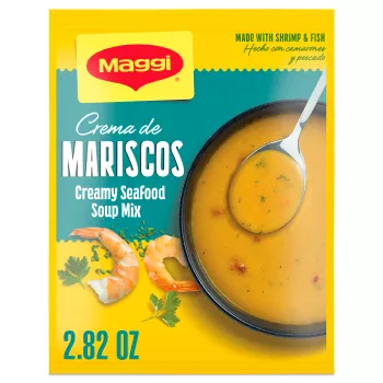Vista frontal centrada de paquete de 2.82 oz de sopa crema de mariscos deshidratada MAGGI con PESO NETO de 2.28 oz (80 g).