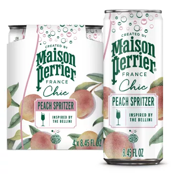 Front Center view of Maison Perrier Chic Peach Spritzer, 8.45 FL OZ Can (4 Count) 4-8.45 FL OZ (250 mL) CANS (33.8 FL OZ [1.06 QT] [1 L] TOTAL) product.
