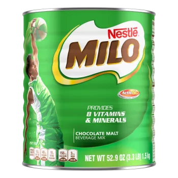 A green can with the MILO logo and a young boy in a green jersey dunking a basketball above the product name and benefits.