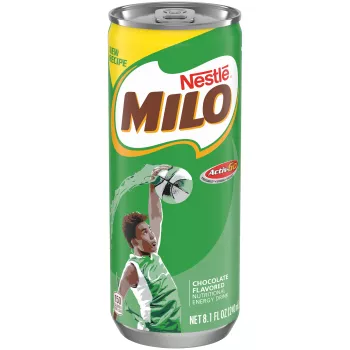 A green can with the MILO logo and a young boy in a green jersey dunking a basketball above the product name.