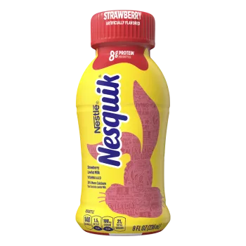Una botella amarilla con tapa roja y una silueta roja de la cabeza del conejo de Nesquik.