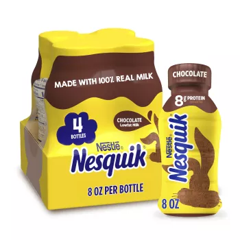 Front Center view of NESQUIK Chocolate Lowfat Milk 4-8 fl. oz. Bottles 4 - 8 FL OZ (236 mL) BOTTLESNET 32 FL OZ (1 QT) 0.94 L product.