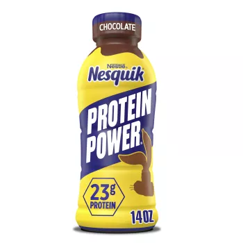 Una botella amarilla con una etiqueta azul que dice "PROTEIN POWER" y una silueta marrón de la cabeza del conejo de Nesquik.