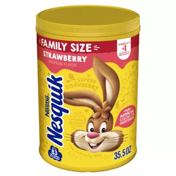 A yellow container with the Nesquik bunny and a red label on the top.