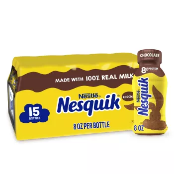 15 count pack of Nesquik Chocolate Lowfat Milk cartons featuring silhouette of the Nesquik bunny’s head