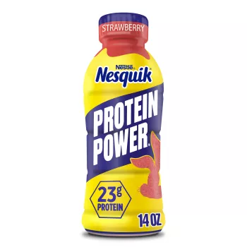 A yellow bottle with a red cap, a "PROTEIN POWER" label and a red silhouette of the Nesquik bunny's head.