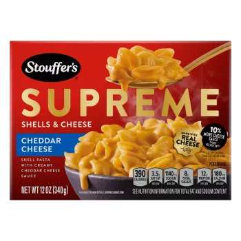 Front Center view of STOUFFER'S Supreme Cheddar Shells & Cheese NET WT 12 oz (340 g) product.
