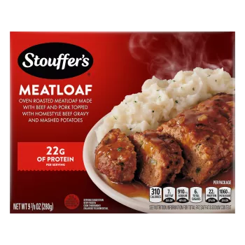Box of Classic Meatloaf with a plate of mashed potatoes, gravy and meatloaf below the product name and STOUFFER'S logo.