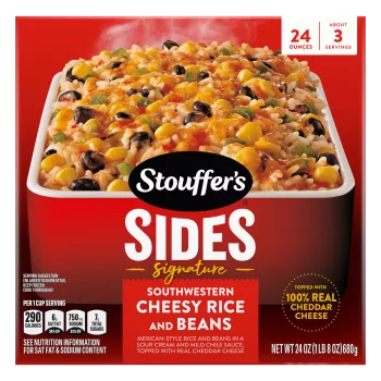 Box of Southwestern Cheesy Rice and Beans in red and white casserole dish with new! and made with 100% real cheese badges.
