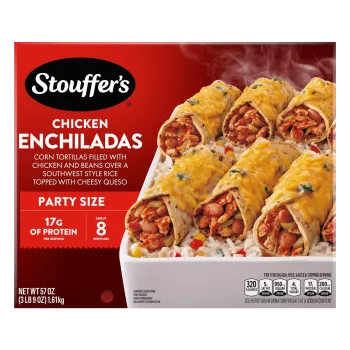 Box of Chicken Enchiladas with a dish of enchiladas beside forks & plates below the product name and "2x the Chicken" label.