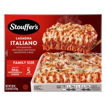 Caja de Lasagna Italiano con un plato y una fuente llenas de lasaña debajo del nombre del producto y una etiqueta que dice "Recetas italianas tradicionales".