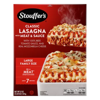 Box of Lasagna with Meat & Sauce featuring a plate and dish of lasagna near the product name and "2x the Meat" label.
