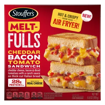 Box of Cheddar, Bacon & Tomato Melt-FULLS with hot & crispy from your air fryer and made with real cheese badges