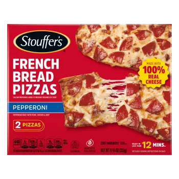Box of Pepperoni French Bread Pizza with 2 pieces beside a blue label, the product name and vintage STOUFFER'S logo.