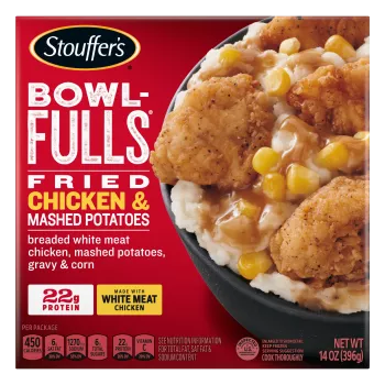 Box of Fried Chicken & Mashed Potatoes Bowl-FULLS with a bowl of potatoes and chicken beside the product name and logo.