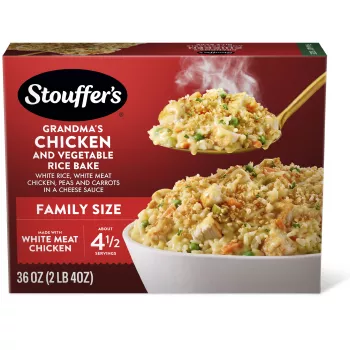 Front Center view of STOUFFER'S Family Size Grandma Chicken and Vegetable Rice Bake Frozen Entrée 36oz Box NET WT 36 OZ (2 LB 4 OZ) 1.02 kg product.