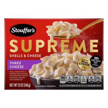 Front Center view of STOUFFERS THREE CHEESE SHELLS & CHEESE NET WT 12 oz (340 g) product.