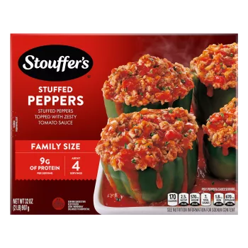 Box of Stuffed Pepper featuring a plate and dish with green peppers and beef below the product name and STOUFFER'S logo.