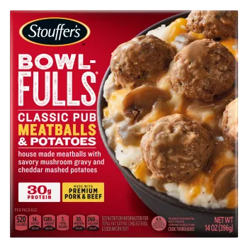 Box of Classic Pub Meatballs & Potatoes Bowl-FULLS with a bowl of mushrooms, potatoes and meatballs beside the product name.