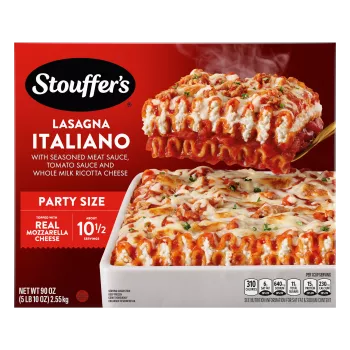 Box of Lasagna Italiano with a dish full of lasagna below the product name and "Traditional Italian Recipes" label.