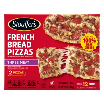 Box of 3 Meat French Bread Pizza with image of 2 pizzas and 100% real cheese and ready in less than 12 minutes badges.