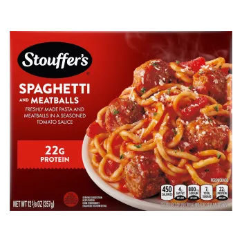 Box of Spaghetti with Meatballs featuring a plate of spaghetti below the product name and STOUFFER'S logo.