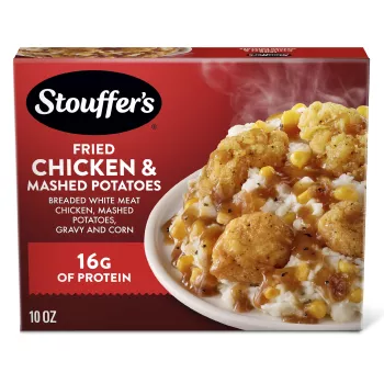 Front Center view of STOUFFER'S Frozen Meal Fried Chicken Mashed Potatoes 10oz Box NET WT 10 OZ (283g) product.
