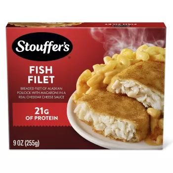 Vista frontal central de caja de STOUFFER'S Fish Filet with Macaroni and Cheese Frozen Entrée de 9 oz PESO NETO 9 oz (255 g).