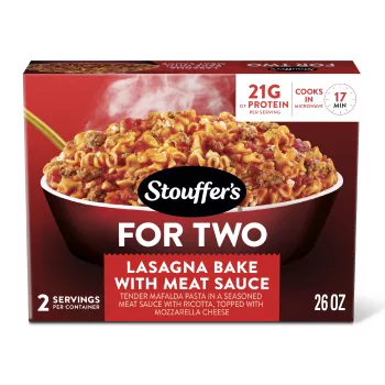 Front Center view of Stouffer's Lasagna Bake For Two Frozen Entrée NET WT 26 oz (1 lb 10 oz) 737 g product.