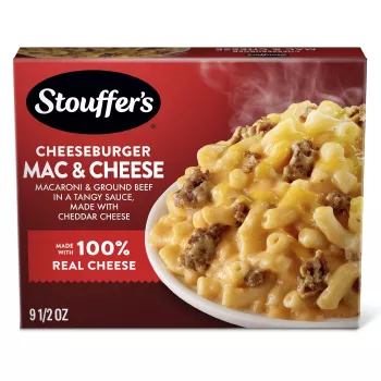 Front Center view of STOUFFER'S Frozen Meal Cheeseburger Macaroni Cheese 9.5oz Box NET WT 9 1/2 oz (269g) product.