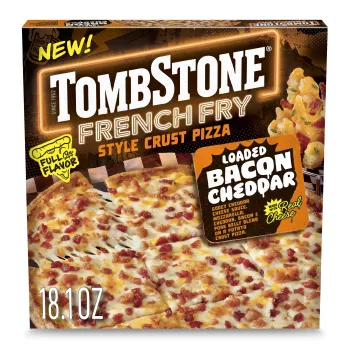 Front Center view of Tombstone French Fry Style Crust Loaded Bacon Cheddar Frozen Pizza 18.1 oz Box NET WT 18.1 oz (1 lb 2.1 oz) 515g product.