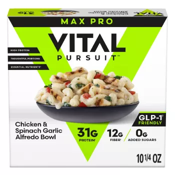 Front Center view of VITAL PURSUIT Max Pro Chicken & Spinach Garlic Alfredo Bowl NET WT 10 1/4 oz (290 g) product.