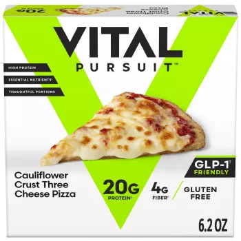 Front Center view of VITAL PURSUIT CAULIFLOWER CRUST 3 CHEESE PIZZA NET WT 6.2 oz (178 g) product.