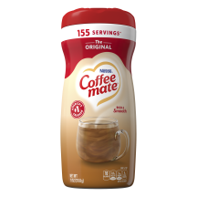 A canister of Coffee mate Original Powder with a red cap and red label above a mug of coffee with biscotti.