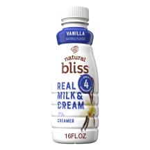 A white bottle of natural bliss Vanilla Creamer with a blue label above vanilla beans and the product name.