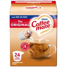 A box of single serve original Coffee mate creamer featuring a red label, coffee mug, biscotti and the Coffee mate logo.