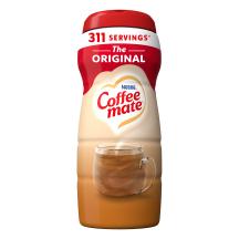A canister original Coffee mate creamer featuring a red label, coffee mug, biscotti and the Coffee mate logo.