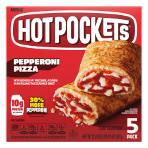Box of Pepperoni Pizza Hot Pockets® with the product name, product image and a “5 Pack” label in the bottom right corner.