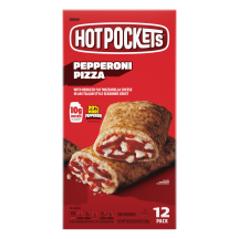 Box of Pepperoni Pizza Hot Pockets® with the product name, product image and a “12 Pack” label in the bottom right corner.