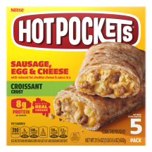 A yellow box of Bacon, Egg & Cheese Hot Pockets with a croissant crusted sandwich on a green label and 5 pack badge.