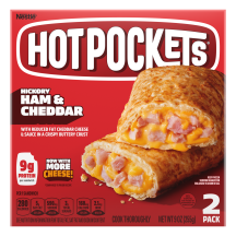 Box of Hickory Ham & Cheddar Hot Pockets® with the product name, product image, and a “2 Pack” label in the corner.