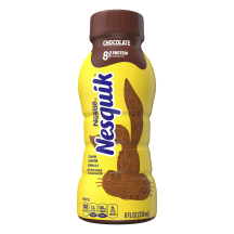 A yellow bottle with a brown cap and the brown silhouette of the Nesquik bunny’s head.