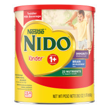 A canister of Nido 1+ with an “immunity, Vitamins A, C, & D, Iron, and Zinc” badge near a young boy clapping.