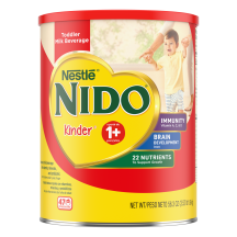 A canister of Nido 1+ with an “immunity, Vitamins A, C, & D, Iron, and Zinc” badge near a young boy clapping.