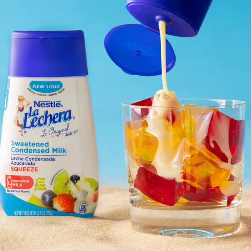 Gelatin Cubes with Sweetened Condensed Milk Drizzle