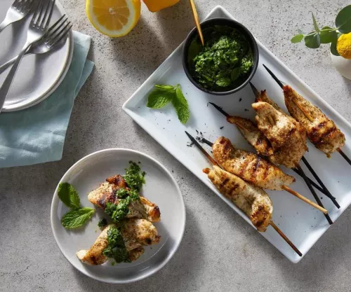 Za'atar Chicken Skewers with Mint Harissa