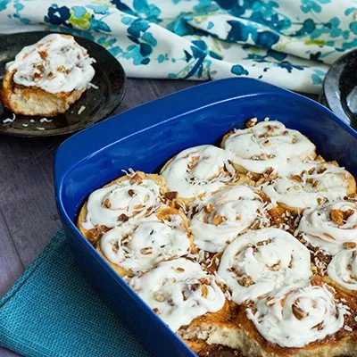 Dulce de Leche Cinnamon Rolls with Pecans and Coconut