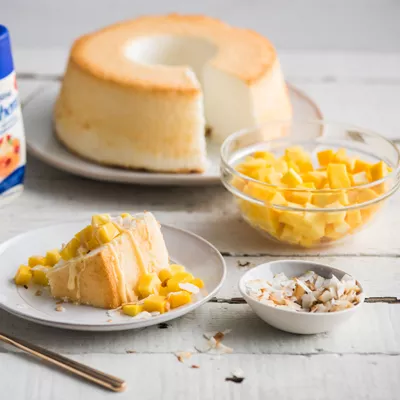 Angel Food Cake with Mango and Toasted Coconut