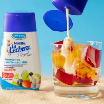 Gelatin Cubes with Sweetened Condensed Milk Drizzle